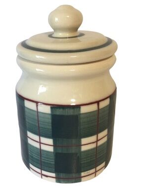 Vintage Hartstone Pottery Buffalo Check Plaid Canister Jar with Lid USA 7” tall